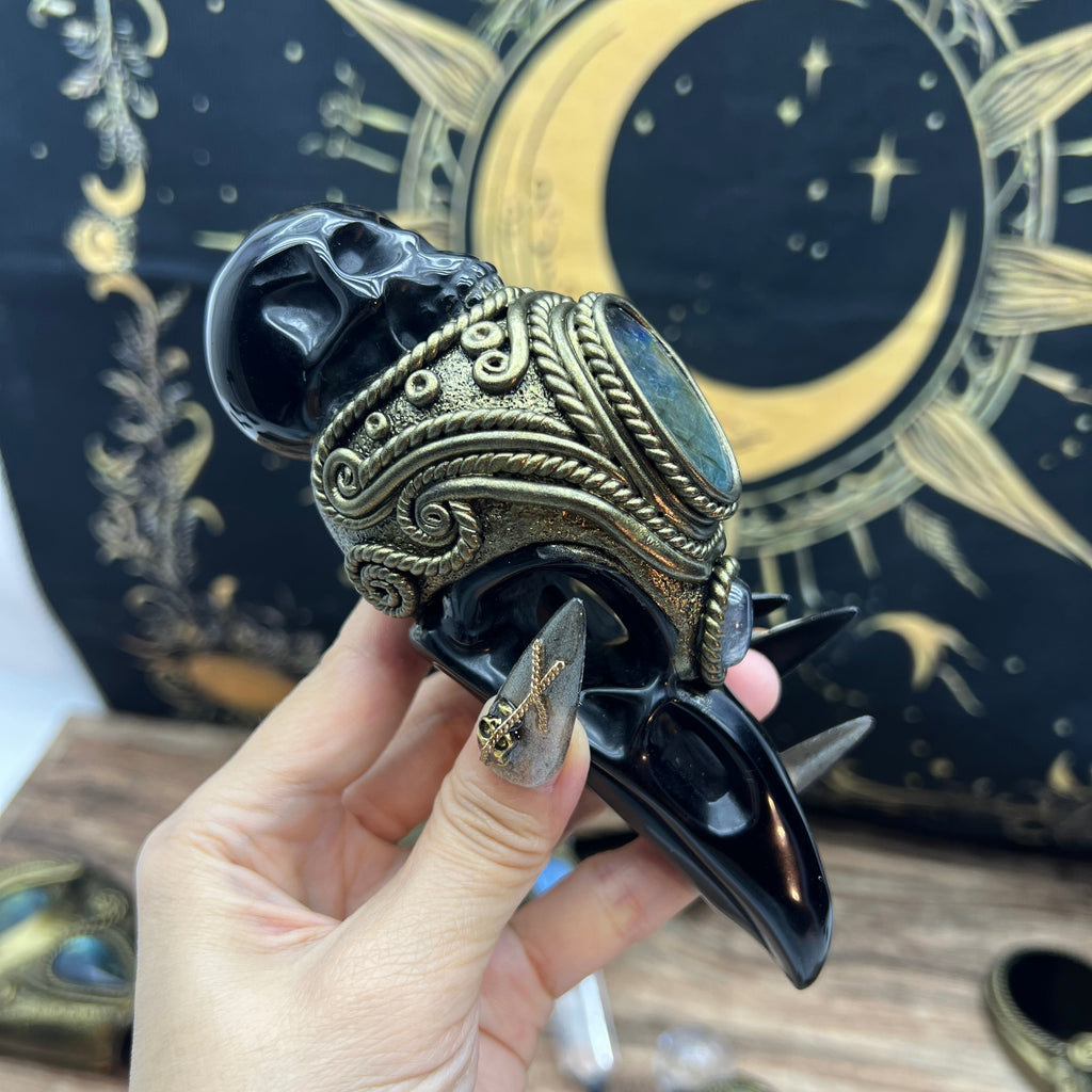 The Shadow Worker - Labradorite,moonstone , Carved Black Obsidian RavenSkull & Carved Black obsidian Skull Crystal AltarPiece
