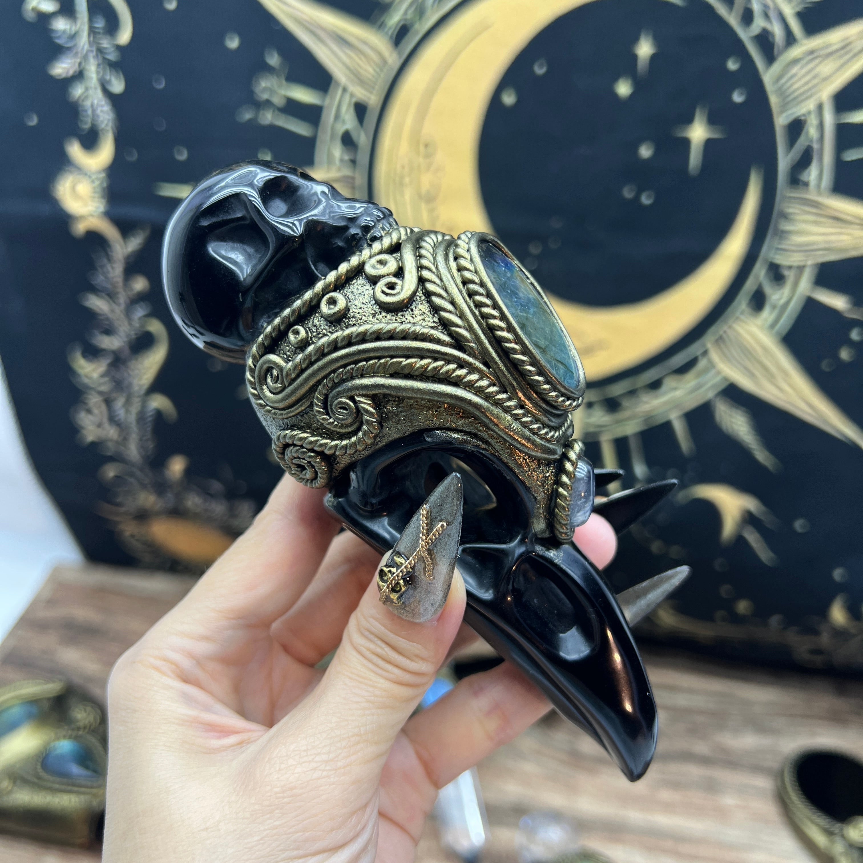 The Shadow Worker - Labradorite,moonstone , Carved Black Obsidian RavenSkull & Carved Black obsidian Skull Crystal AltarPiece