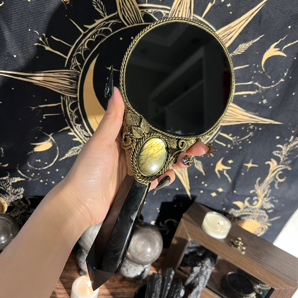 Handmade Natural Black Obsidian Scrying Mirror Wand/Magic Obsidian Witch Wand/Crystal Quartz Wand/Manifest Altar Tool