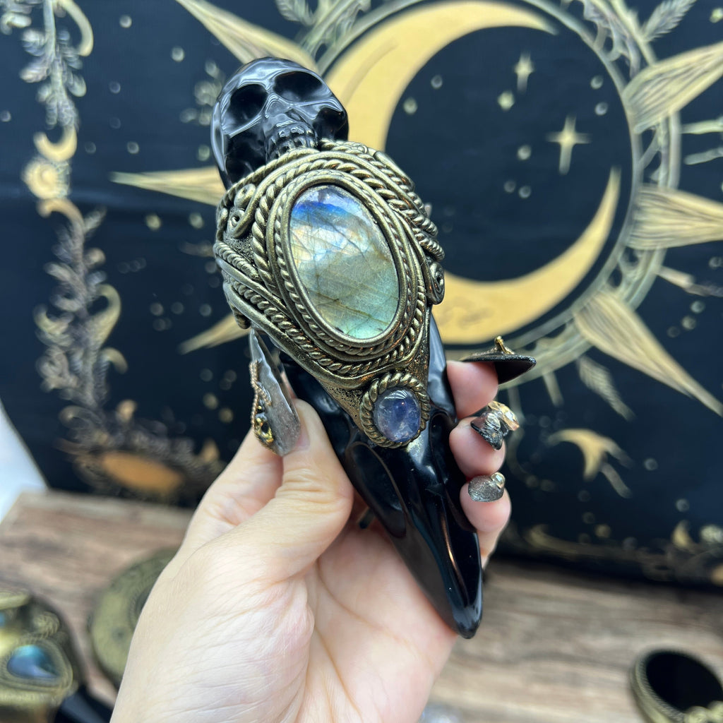 The Shadow Worker - Labradorite,moonstone , Carved Black Obsidian RavenSkull & Carved Black obsidian Skull Crystal AltarPiece