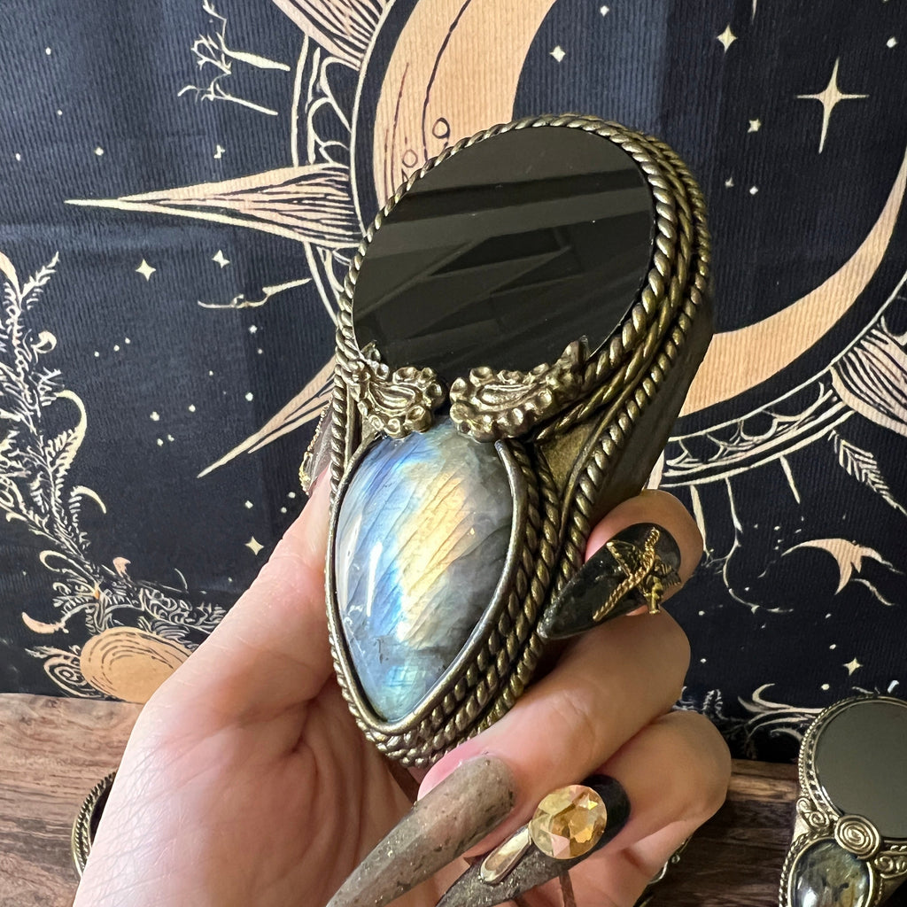 Handmade Natural Black Obsidian Scrying Mirror pendant/Magic Obsidian Witch Mirror/Crystal Quartz Mirror/Manifest Altar Tool