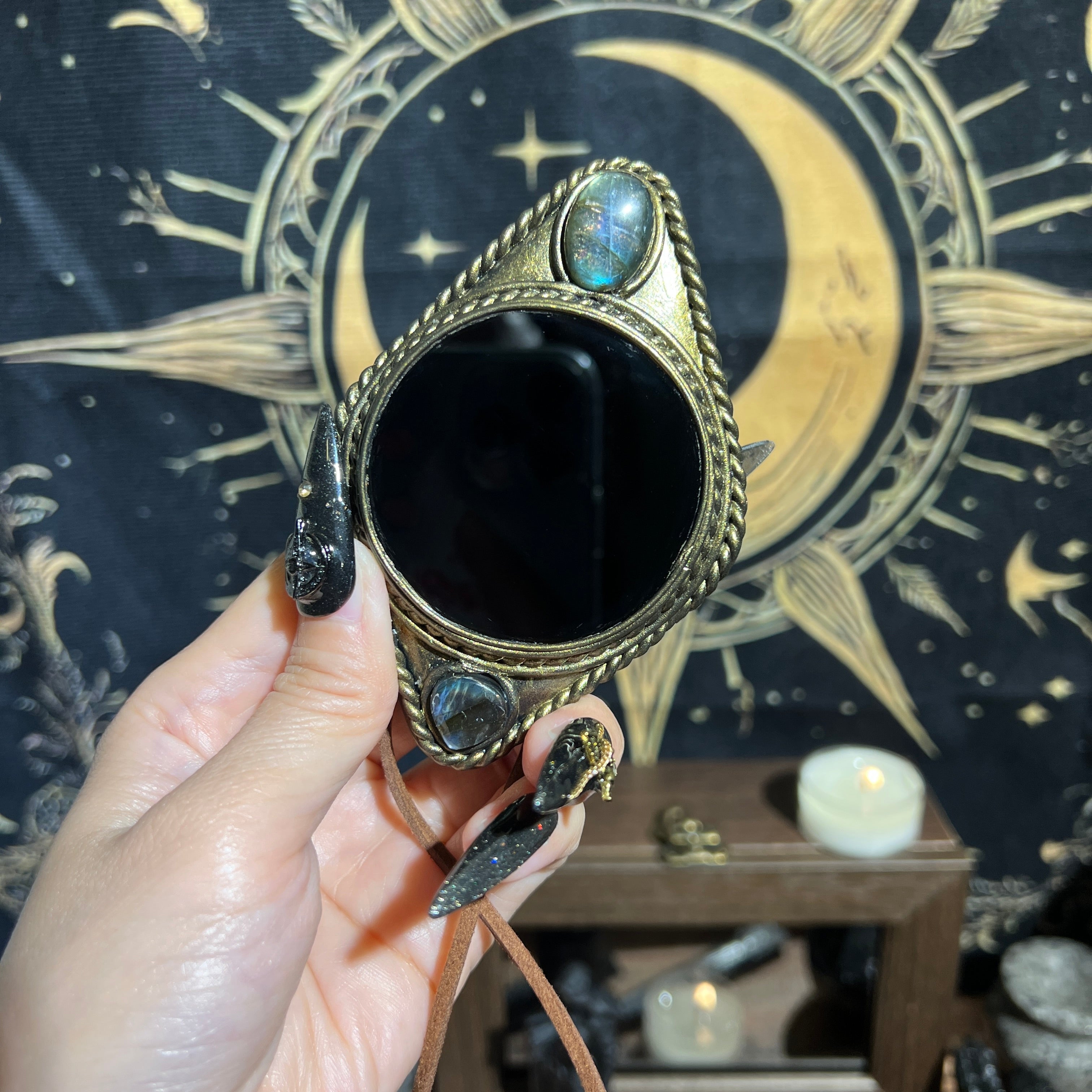 Handmade Natural Black Obsidian Scrying Mirror pendant/Magic Obsidian Witch Mirror/Crystal Quartz Mirror/Manifest Altar Tool