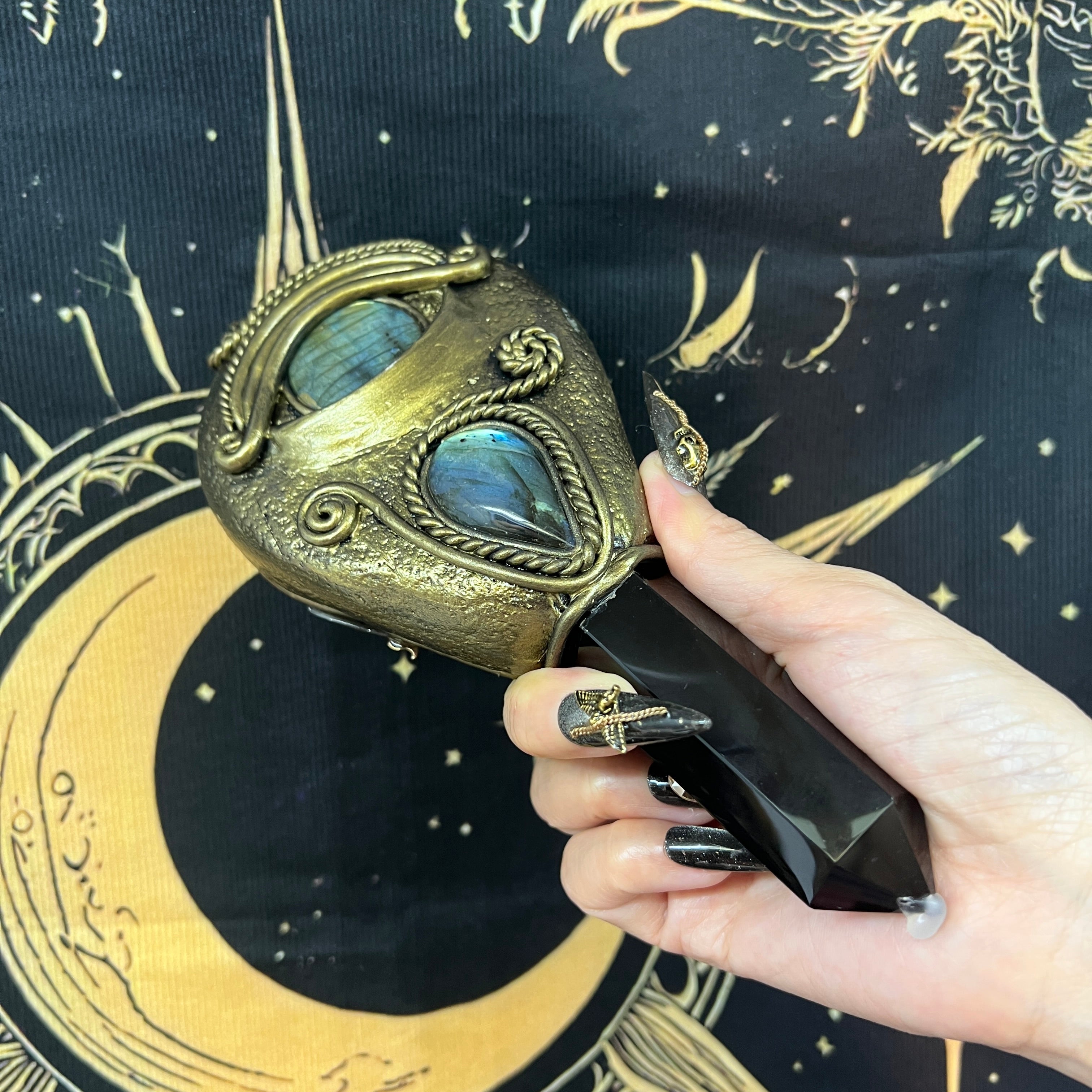 Handmade Natural Black Obsidian Scrying Mirror Wand/Magic Obsidian Witch Wand/Crystal Quartz Wand/Manifest Altar Tool