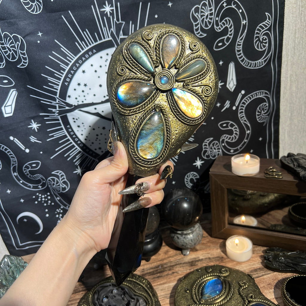 Handmade Natural Black Obsidian Scrying Mirror Wand/Magic Obsidian Witch Wand/Crystal Quartz Wand/Manifest Altar Tool