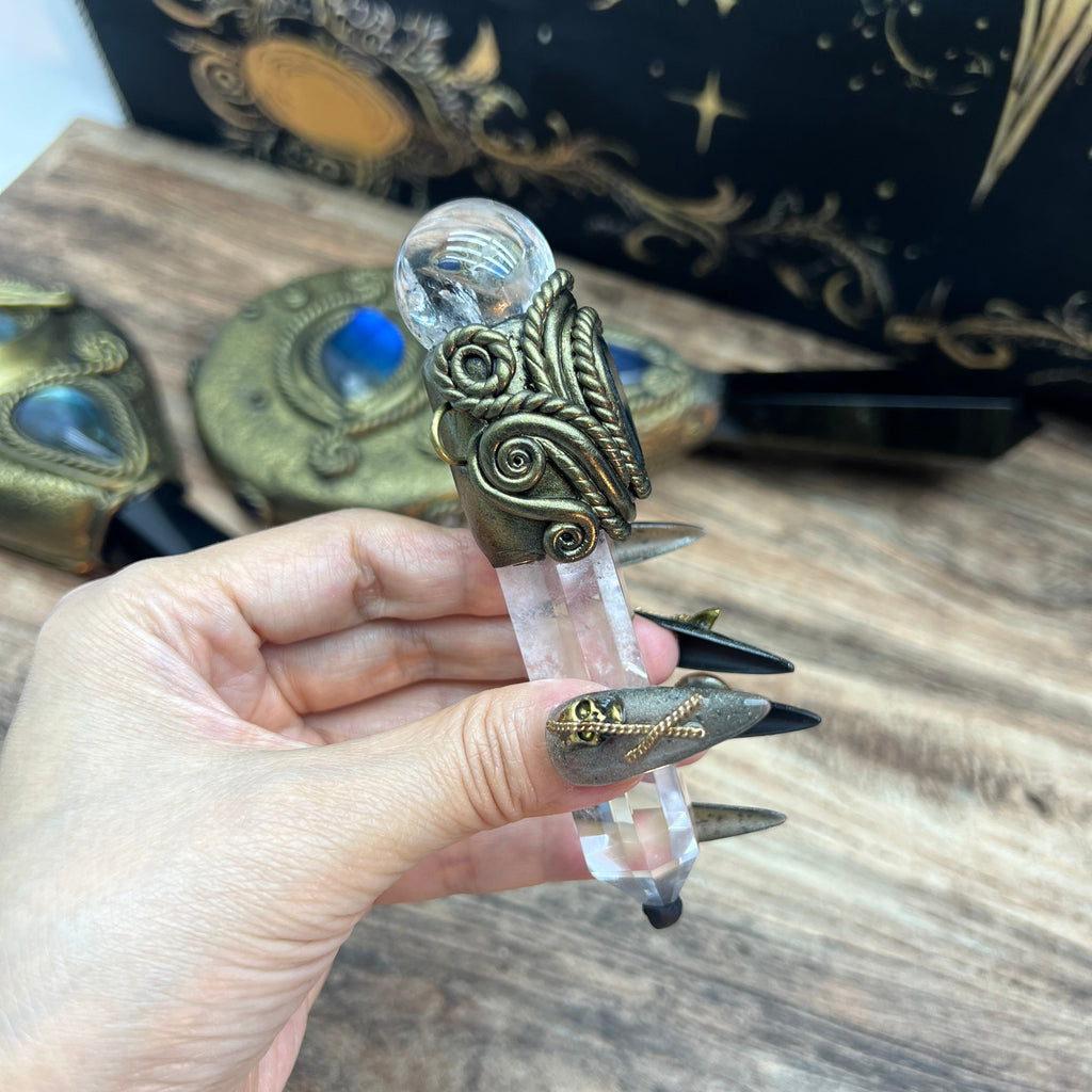 Handmade crystal jewelry Healing Crystal Wand / Protection Amulet Pendant Necklace Clear quartz tower paired with clear quartz spheres and labradorite