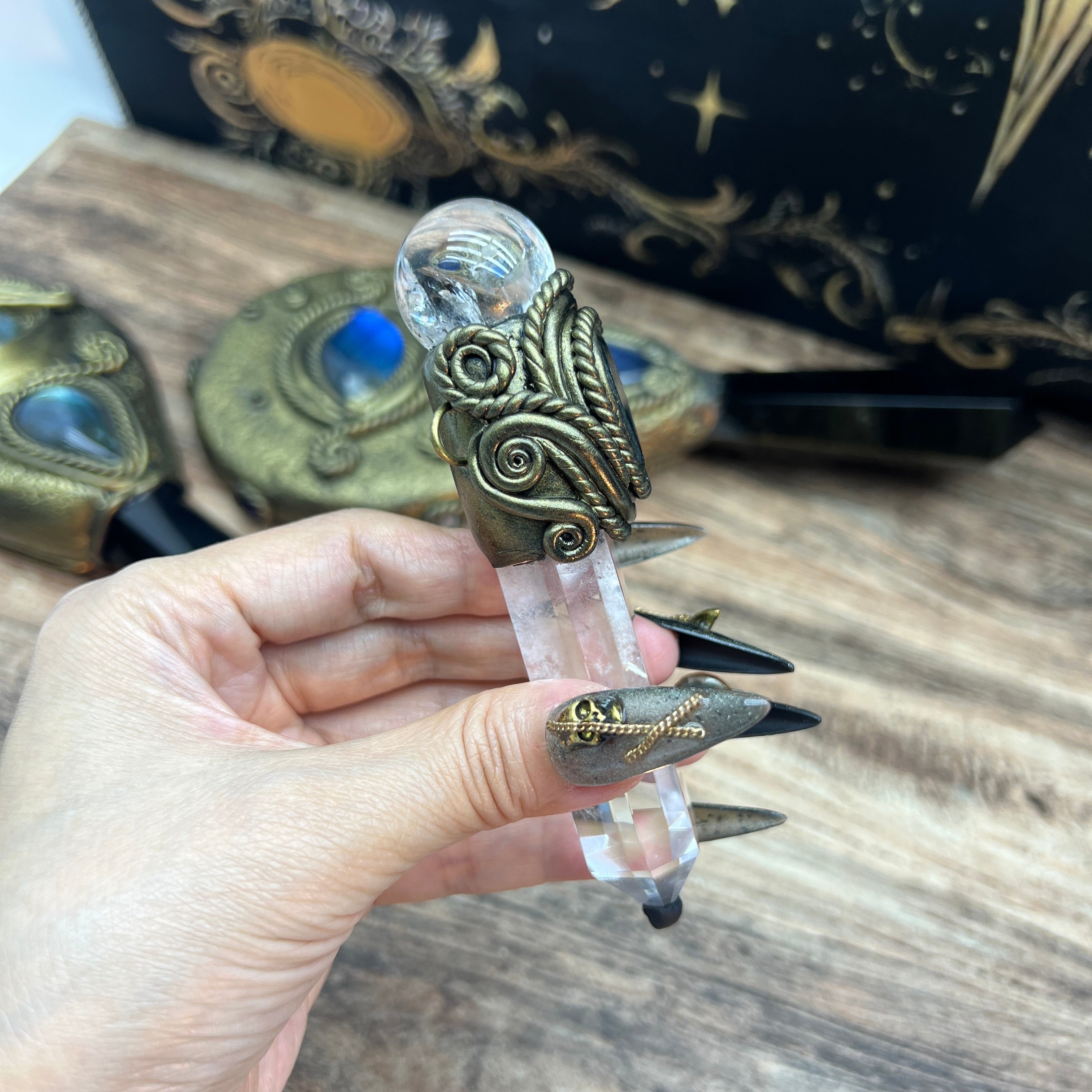 Handmade crystal jewelry Healing Crystal Wand / Protection Amulet Pendant Necklace Clear quartz tower paired with clear quartz spheres and labradorite