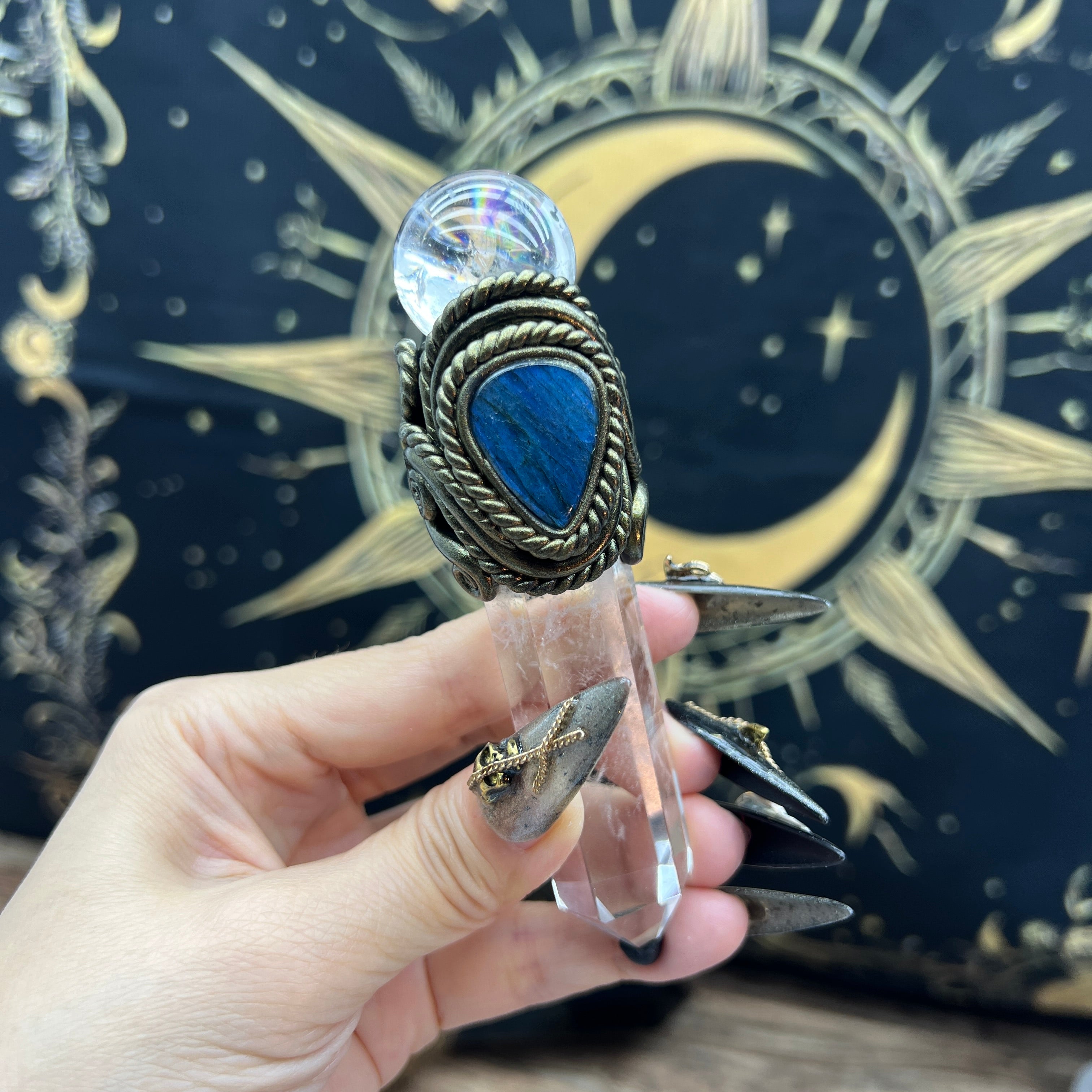 Handmade crystal jewelry Healing Crystal Wand / Protection Amulet Pendant Necklace Clear quartz tower paired with clear quartz spheres and labradorite