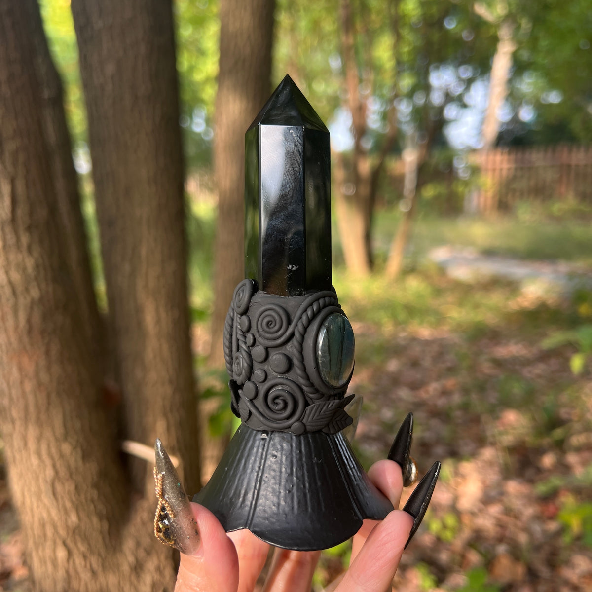 Crystal Altar Bell, Witch Hand Bell, Black obsidian Wand Bell, Pagan Ritual Bell, Gothic Crystal Handbell, Handcrafted Witchy Altar Decor