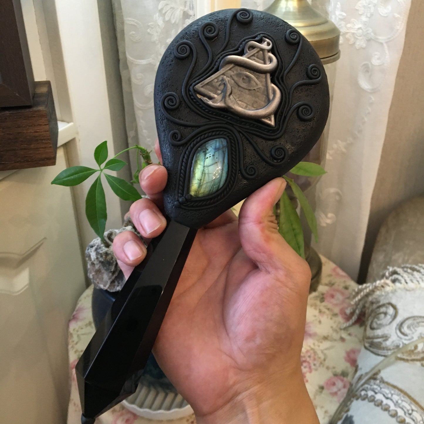 Handmade Natural Black Obsidian Scrying Mirror Wand/Magic Obsidian Witch Wand/Crystal Quartz Wand/Manifest Altar Tool