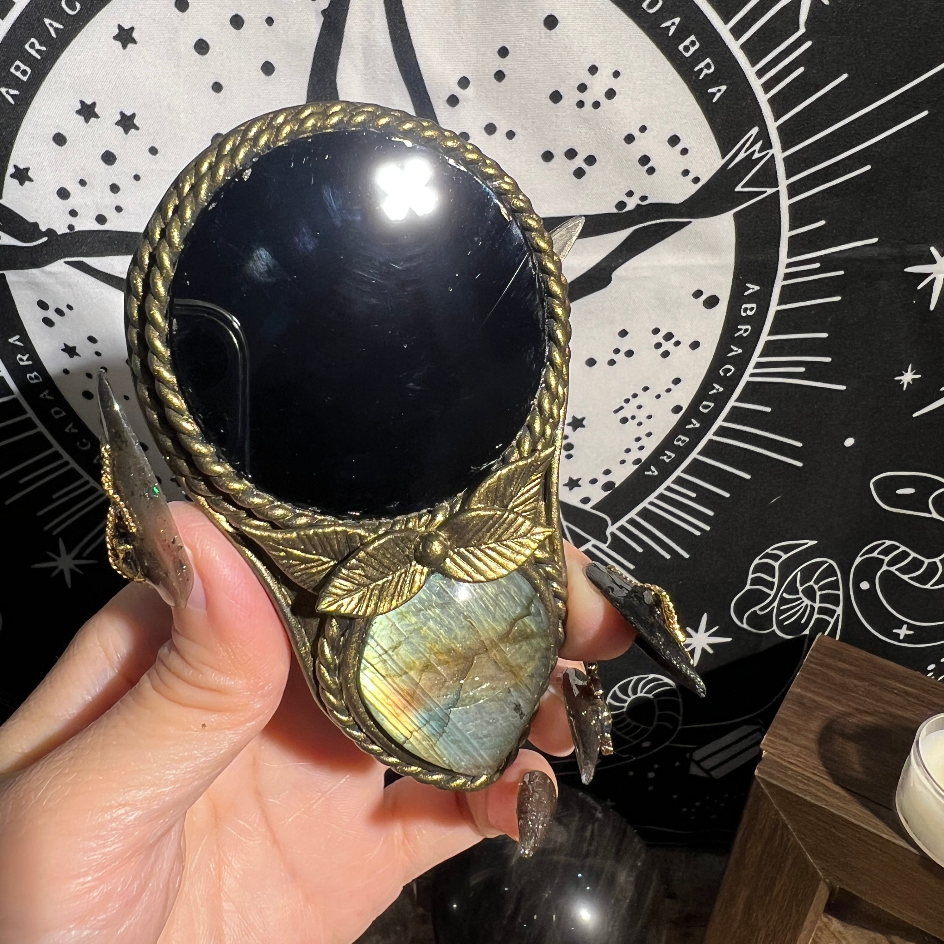 Handmade Natural Black Obsidian Scrying Mirror pendant/Magic Obsidian Witch Mirror/Crystal Quartz Mirror/Manifest Altar Tool