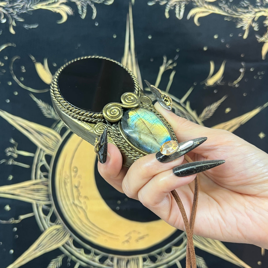 Handmade Natural Black Obsidian Scrying Mirror pendant/Magic Obsidian Witch Mirror/Crystal Quartz Mirror/Manifest Altar Tool