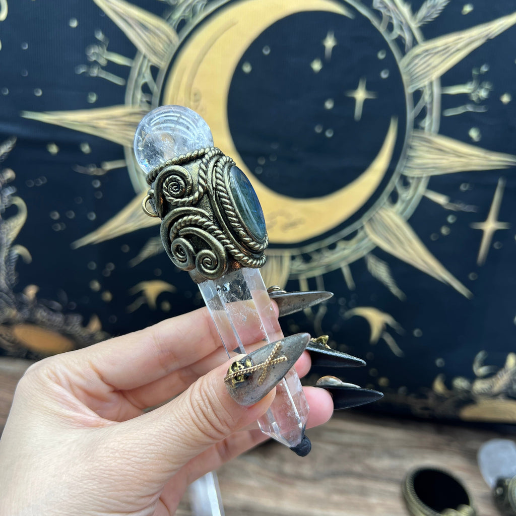 Handmade crystal jewelry Healing Crystal Wand / Protection Amulet Pendant Necklace Clear quartz tower paired with clear quartz spheres and labradorite