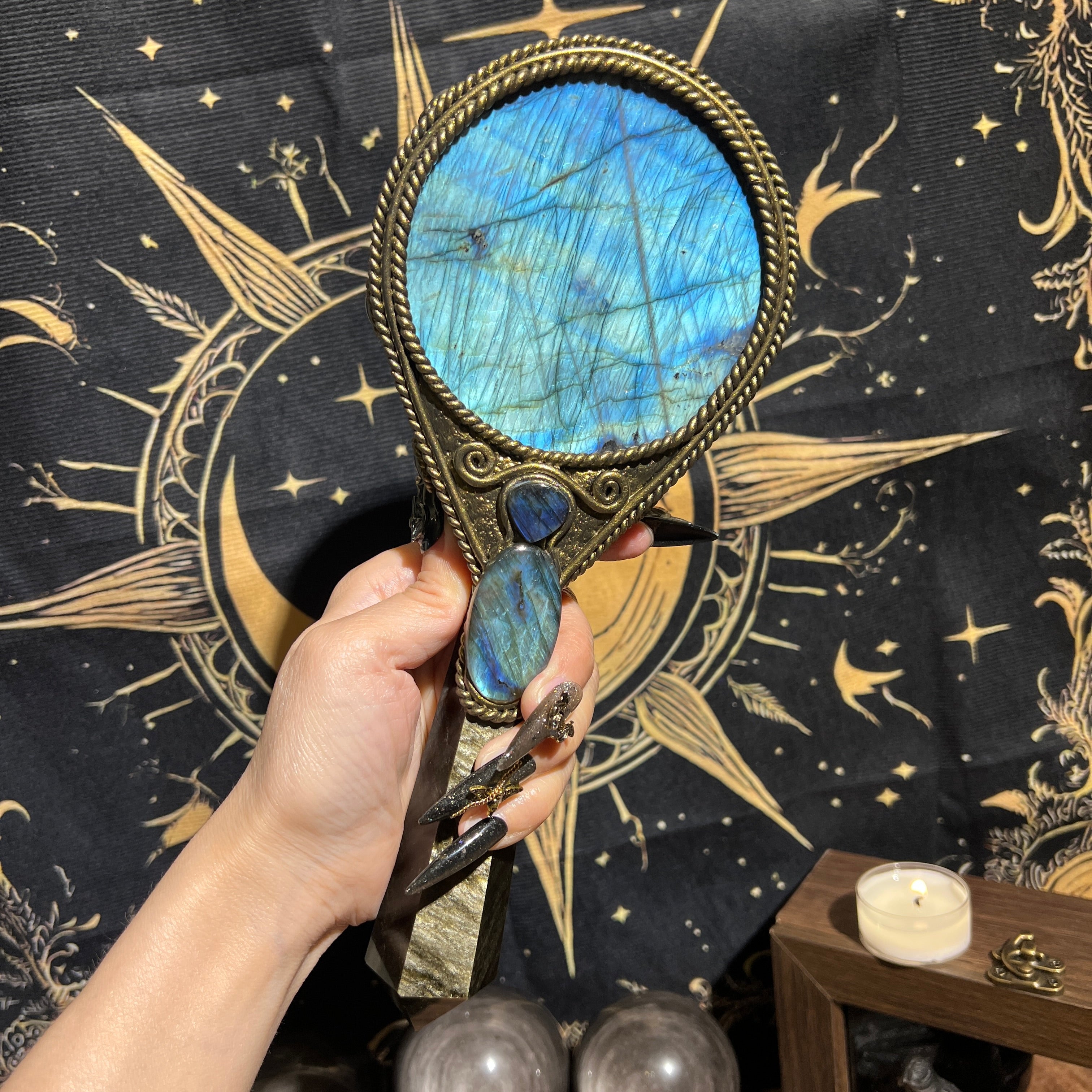 Handmade Natural Labradorite Scrying Mirror Wand/Magic Obsidian Witch Wand/Crystal Quartz Wand/Manifest Altar Tool