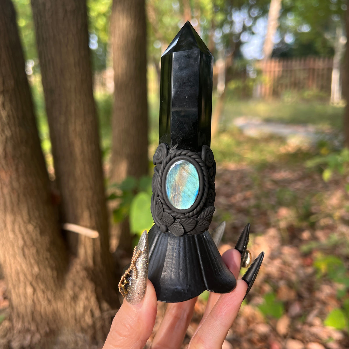 Crystal Altar Bell, Witch Hand Bell, Black obsidian Wand Bell, Pagan Ritual Bell, Gothic Crystal Handbell, Handcrafted Witchy Altar Decor