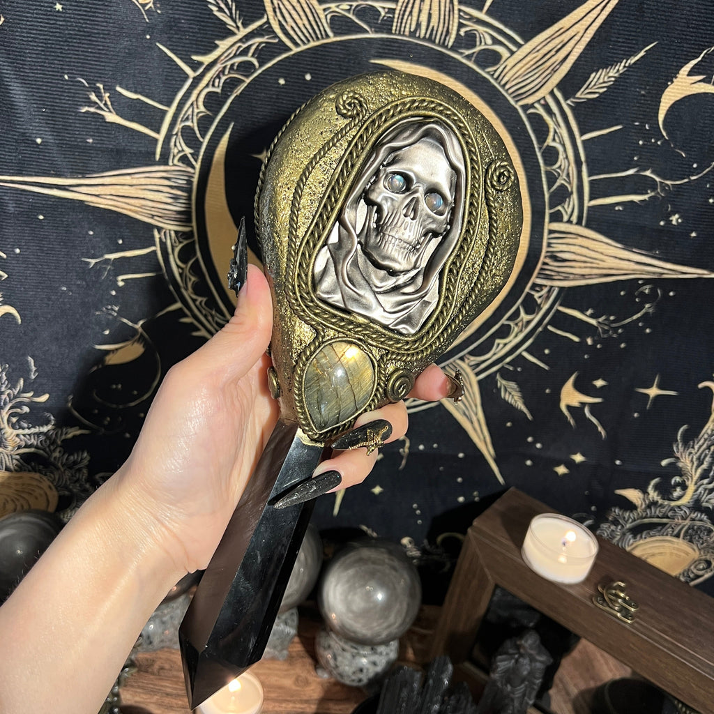 Handmade Natural Black Obsidian Scrying Mirror Wand/Magic Obsidian Witch Wand/Crystal Quartz Wand/Manifest Altar Tool
