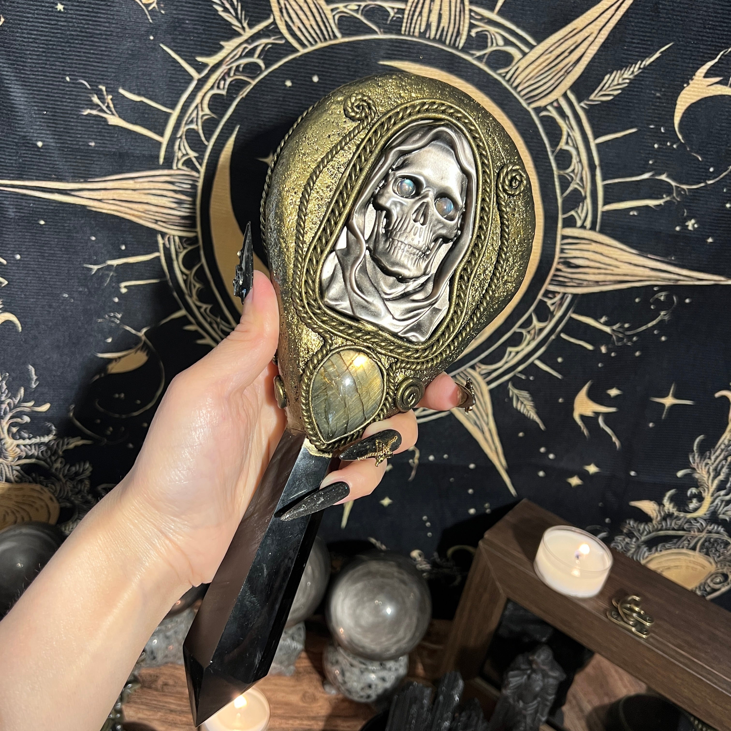 Handmade Natural Black Obsidian Scrying Mirror Wand/Magic Obsidian Witch Wand/Crystal Quartz Wand/Manifest Altar Tool