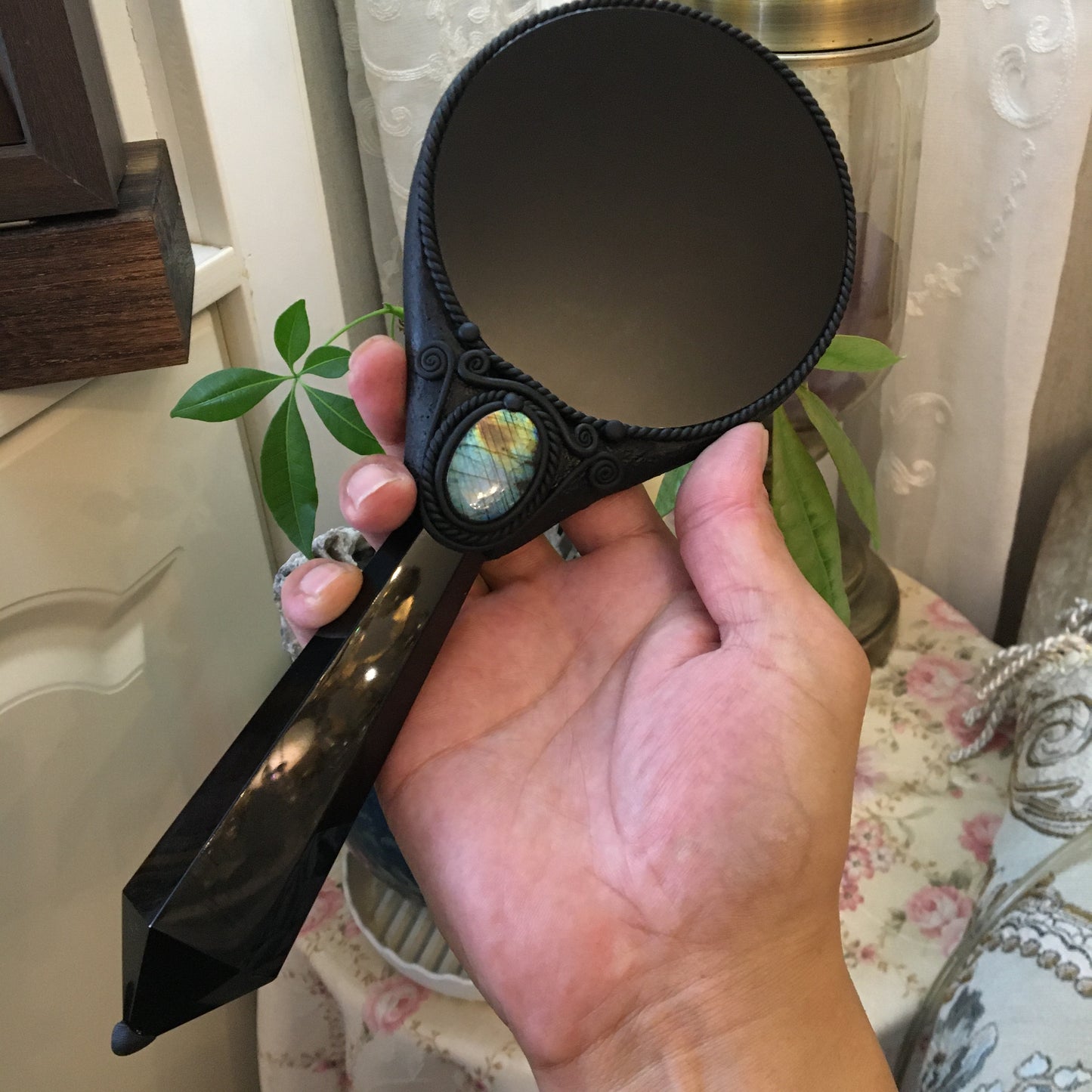 Handmade Natural Black Obsidian Scrying Mirror Wand/Magic Obsidian Witch Wand/Crystal Quartz Wand/Manifest Altar Tool