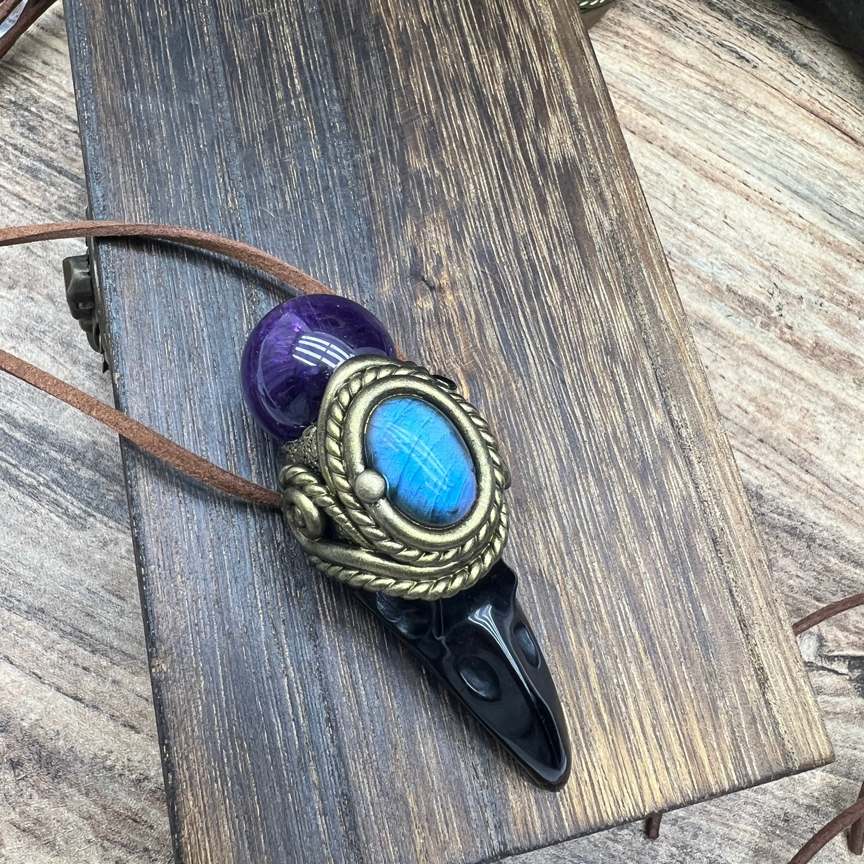 Handmade crystal jewelry~Healing Crystal Wand / Protection Amulet Pendant Necklace Labradorite,amethyst sphere , Carved Black Obsidian RavenSkull