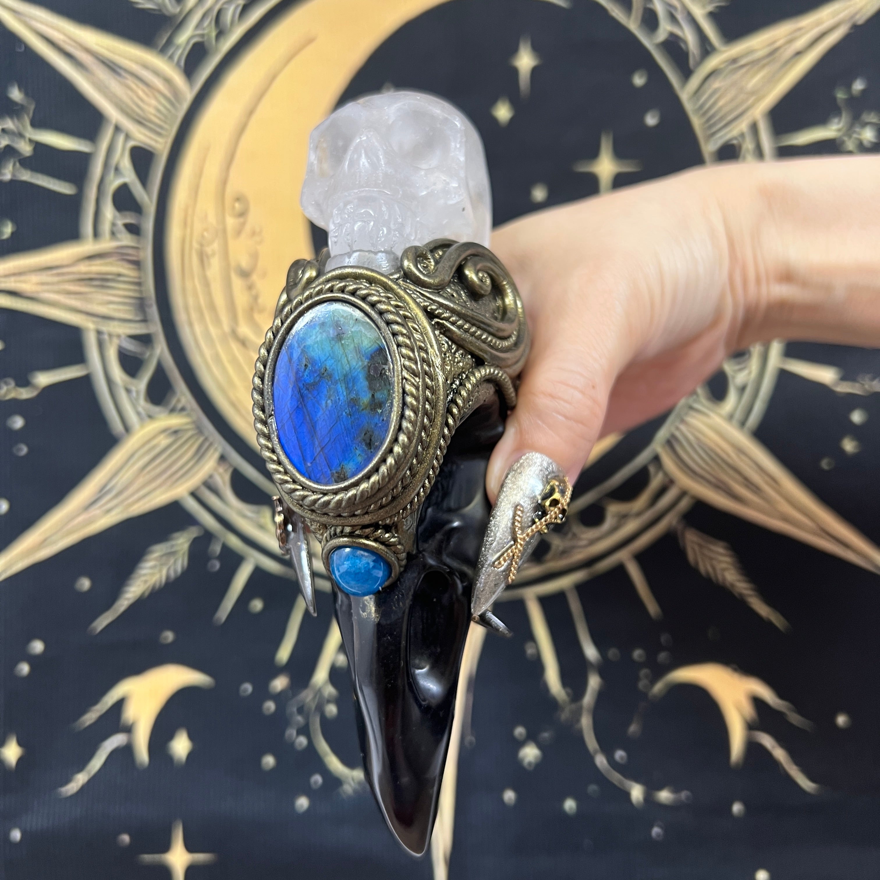 The Shadow Worker - Labradorite,Blue apatite , Carved Black Obsidian RavenSkull & Carved Clear quartz Skull Crystal AltarPiece