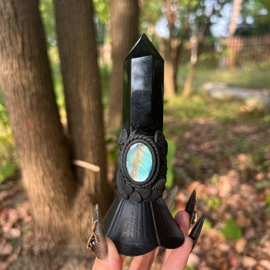 Crystal Altar Bell, Witch Hand Bell, Black obsidian Wand Bell, Pagan Ritual Bell, Gothic Crystal Handbell, Handcrafted Witchy Altar Decor