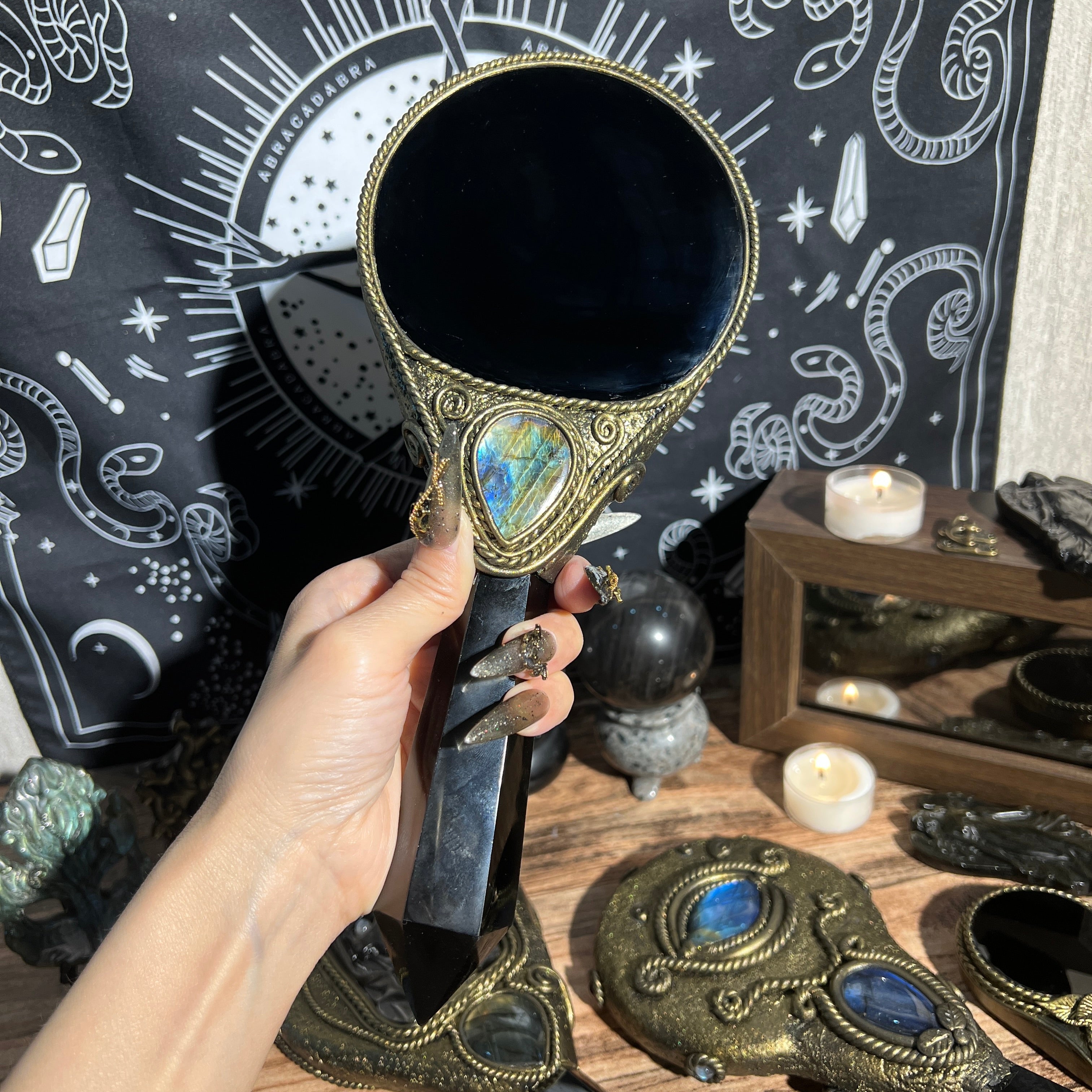 Handmade Natural Black Obsidian Scrying Mirror Wand/Magic Obsidian Witch Wand/Crystal Quartz Wand/Manifest Altar Tool