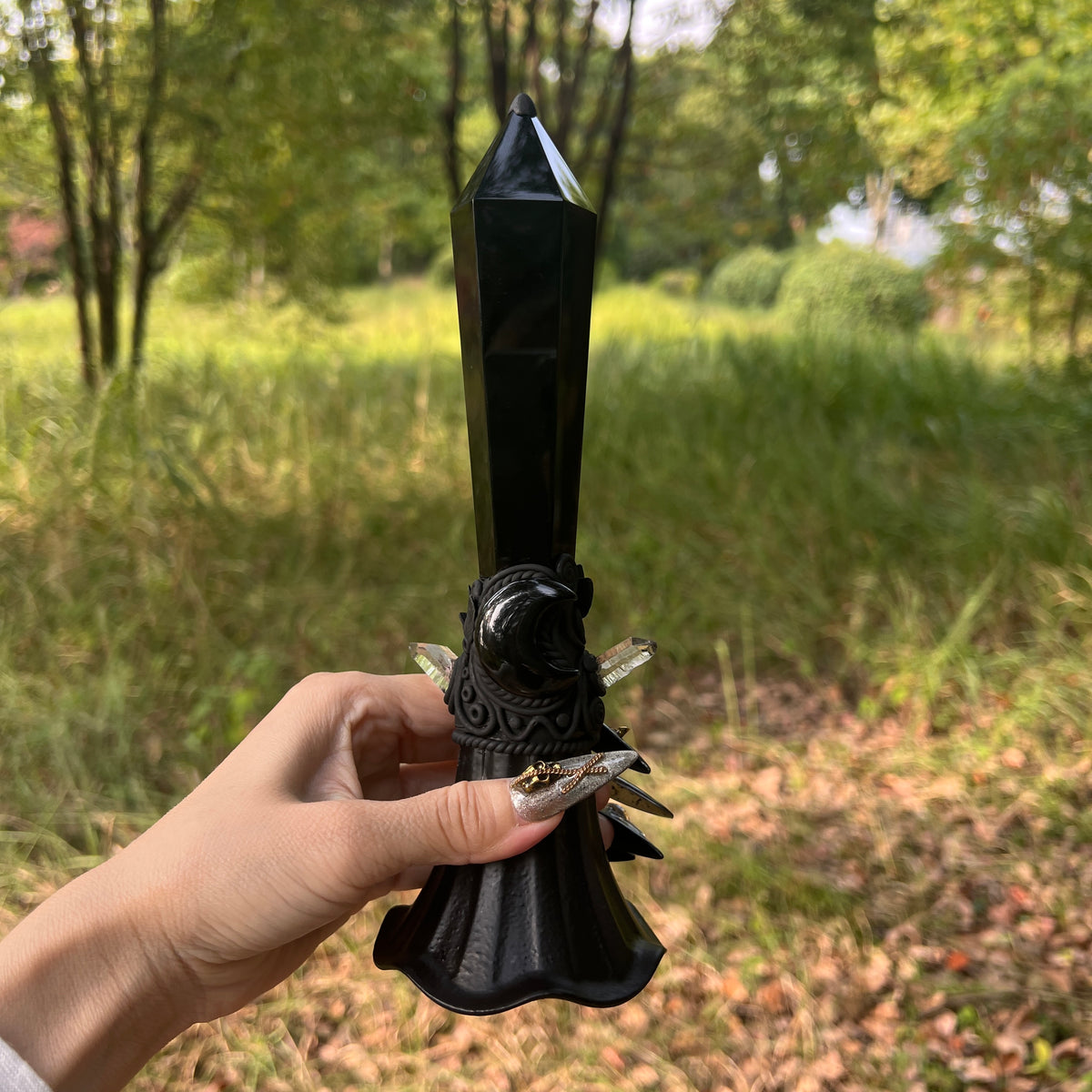 Crystal Altar Bell, Witch Hand Bell, Black obsidian Wand Bell, Pagan Ritual Bell, Gothic Crystal Handbell, Handcrafted Witchy Altar Decor