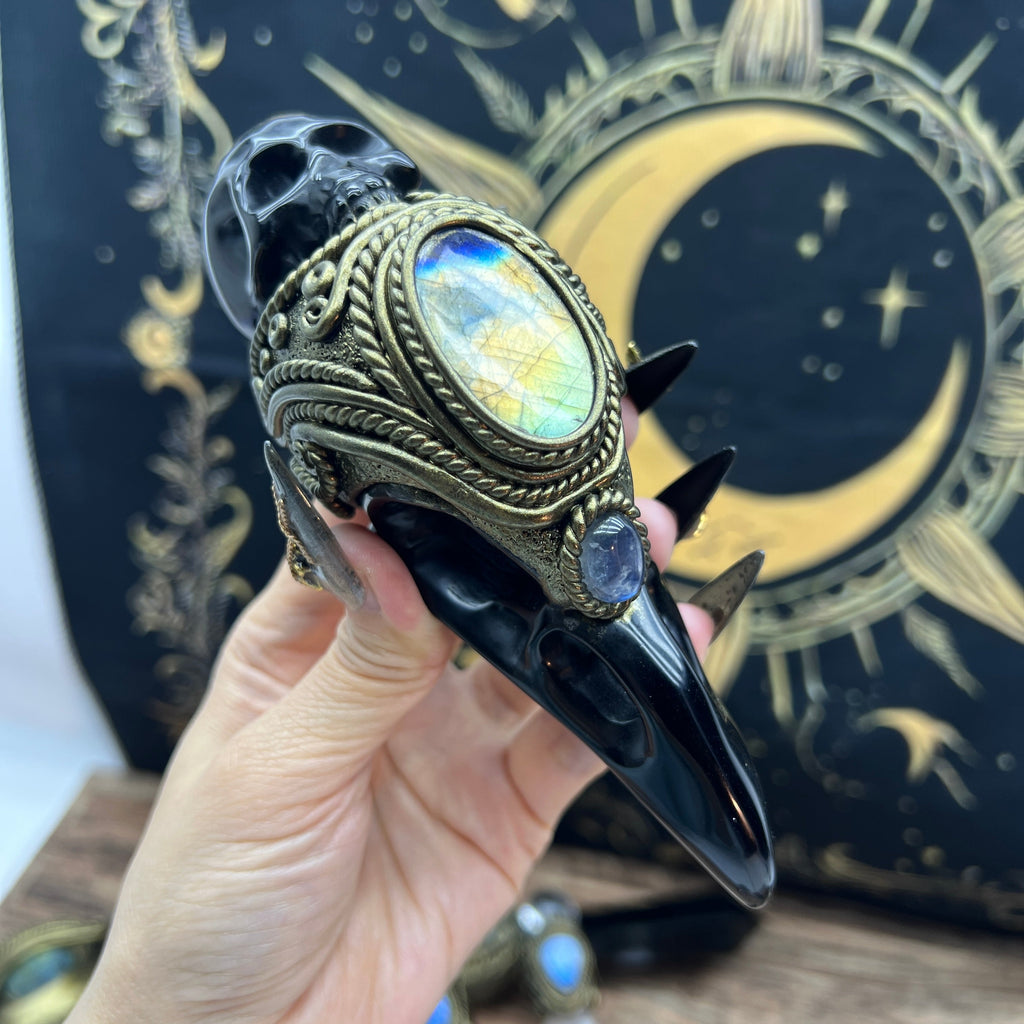 The Shadow Worker - Labradorite,moonstone , Carved Black Obsidian RavenSkull & Carved Black obsidian Skull Crystal AltarPiece