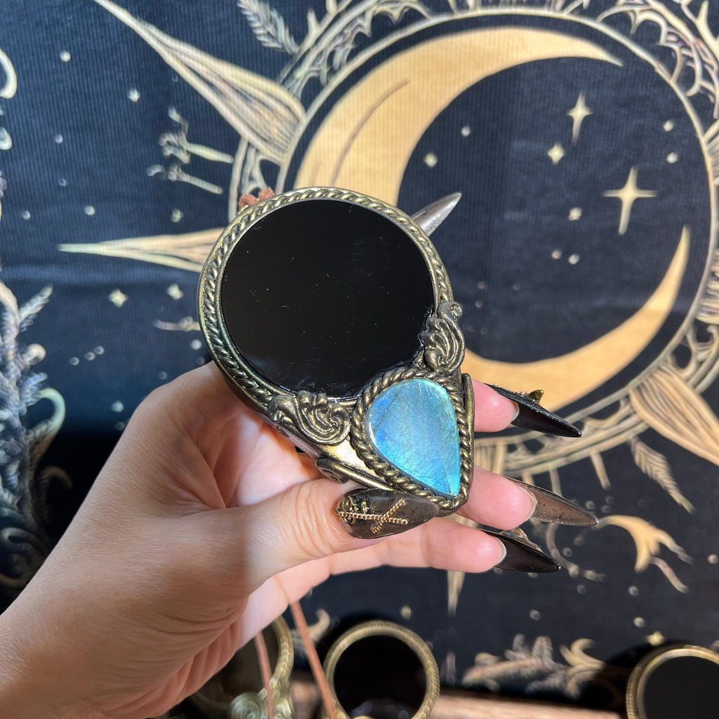 Handmade Natural Black Obsidian Scrying Mirror pendant/Magic Obsidian Witch Mirror/Crystal Quartz Mirror/Manifest Altar Tool