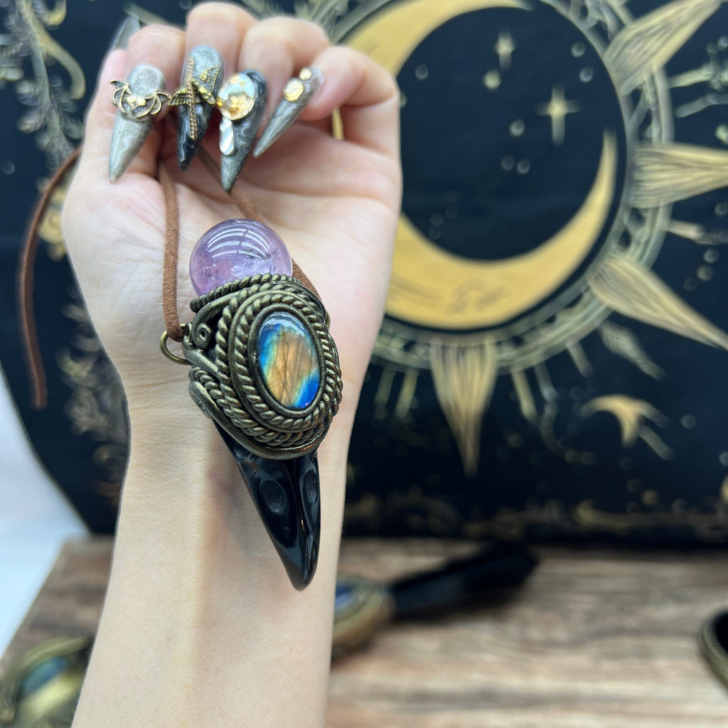 Handmade crystal jewelry~Healing Crystal Wand / Protection Amulet Pendant Necklace Labradorite,amethyst sphere , Carved Black Obsidian RavenSkull