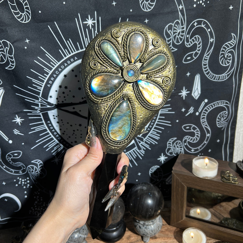 Handmade Natural Black Obsidian Scrying Mirror Wand/Magic Obsidian Witch Wand/Crystal Quartz Wand/Manifest Altar Tool