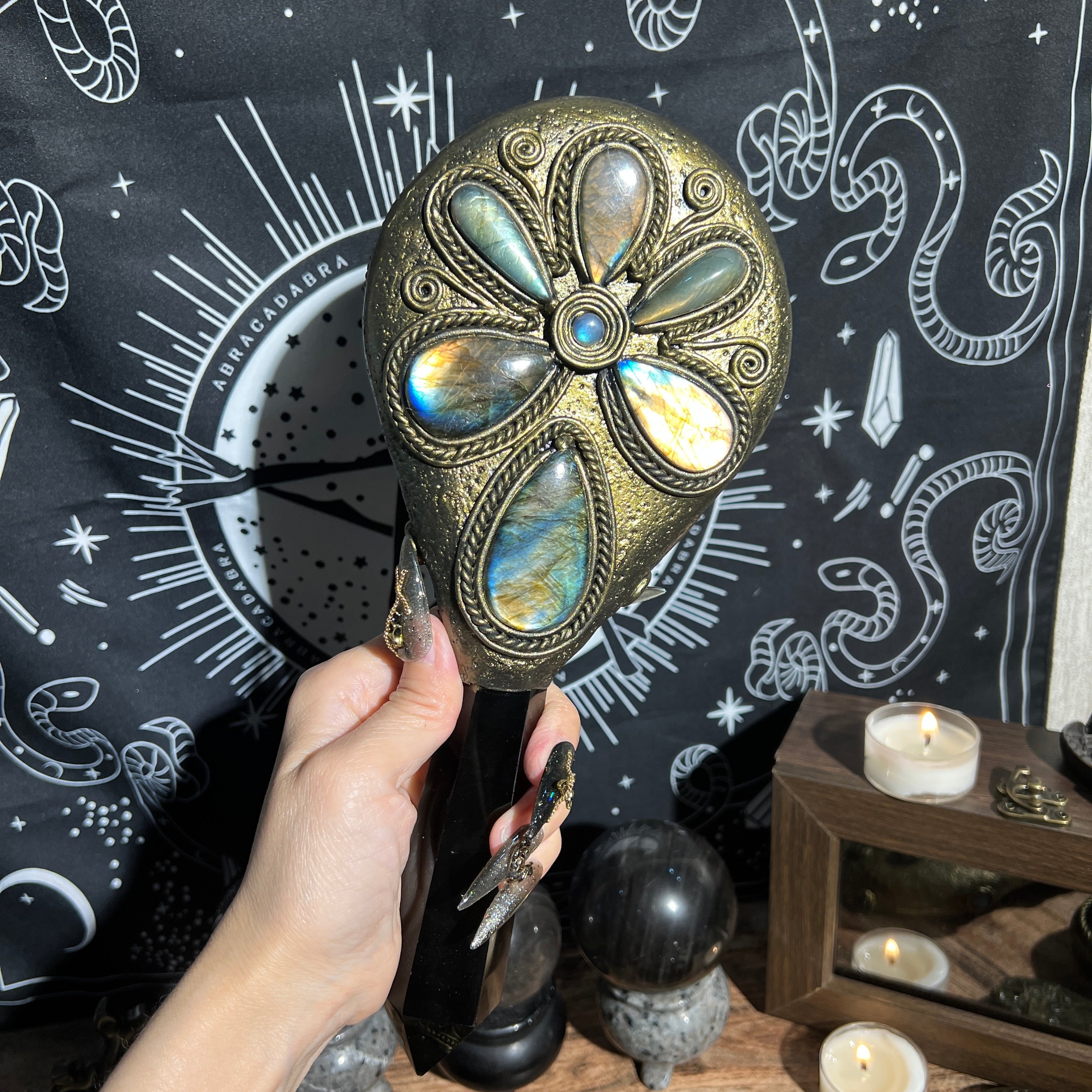 Handmade Natural Black Obsidian Scrying Mirror Wand/Magic Obsidian Witch Wand/Crystal Quartz Wand/Manifest Altar Tool