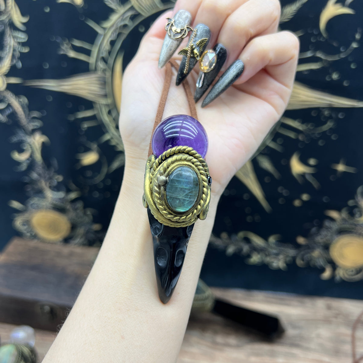 Handmade crystal jewelry~Healing Crystal Wand / Protection Amulet Pendant Necklace Labradorite,amethyst sphere , Carved Black Obsidian RavenSkull