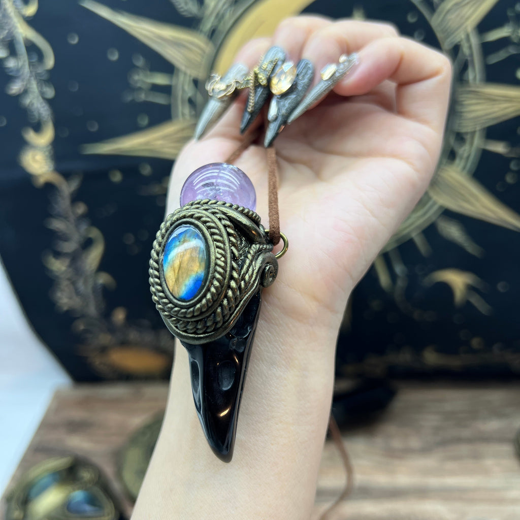 Handmade crystal jewelry~Healing Crystal Wand / Protection Amulet Pendant Necklace Labradorite,amethyst sphere , Carved Black Obsidian RavenSkull