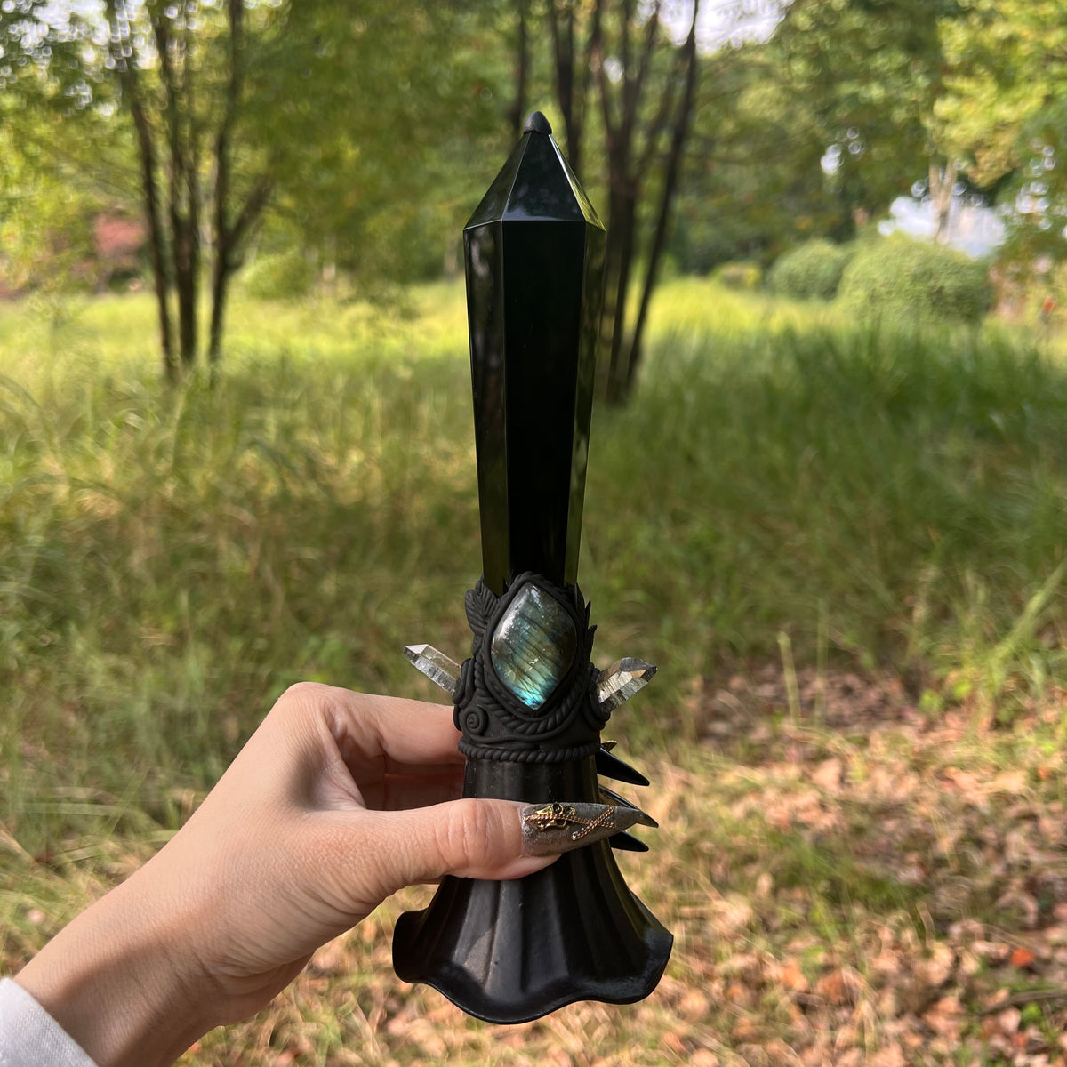 Crystal Altar Bell, Witch Hand Bell, Black obsidian Wand Bell, Pagan Ritual Bell, Gothic Crystal Handbell, Handcrafted Witchy Altar Decor