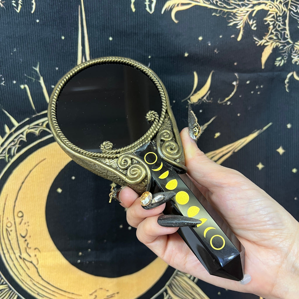 Handmade Natural Black Obsidian Scrying Mirror Wand/Magic Obsidian Witch Wand/Crystal Quartz Wand/Manifest Altar Tool