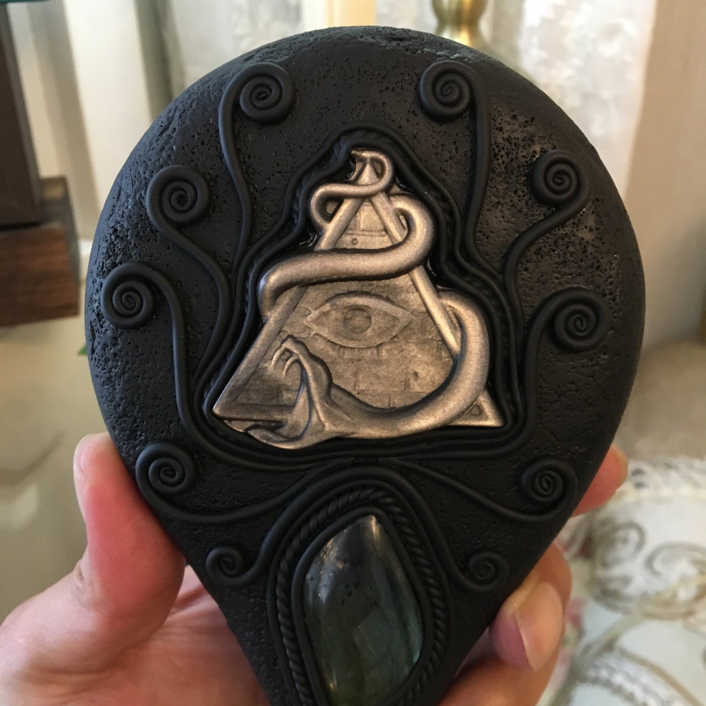 Handmade Natural Black Obsidian Scrying Mirror Wand/Magic Obsidian Witch Wand/Crystal Quartz Wand/Manifest Altar Tool