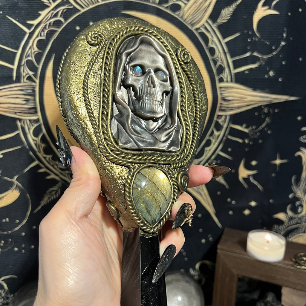 Handmade Natural Black Obsidian Scrying Mirror Wand/Magic Obsidian Witch Wand/Crystal Quartz Wand/Manifest Altar Tool