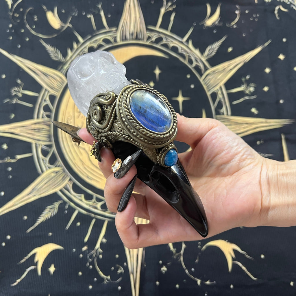 The Shadow Worker - Labradorite,Blue apatite , Carved Black Obsidian RavenSkull & Carved Clear quartz Skull Crystal AltarPiece