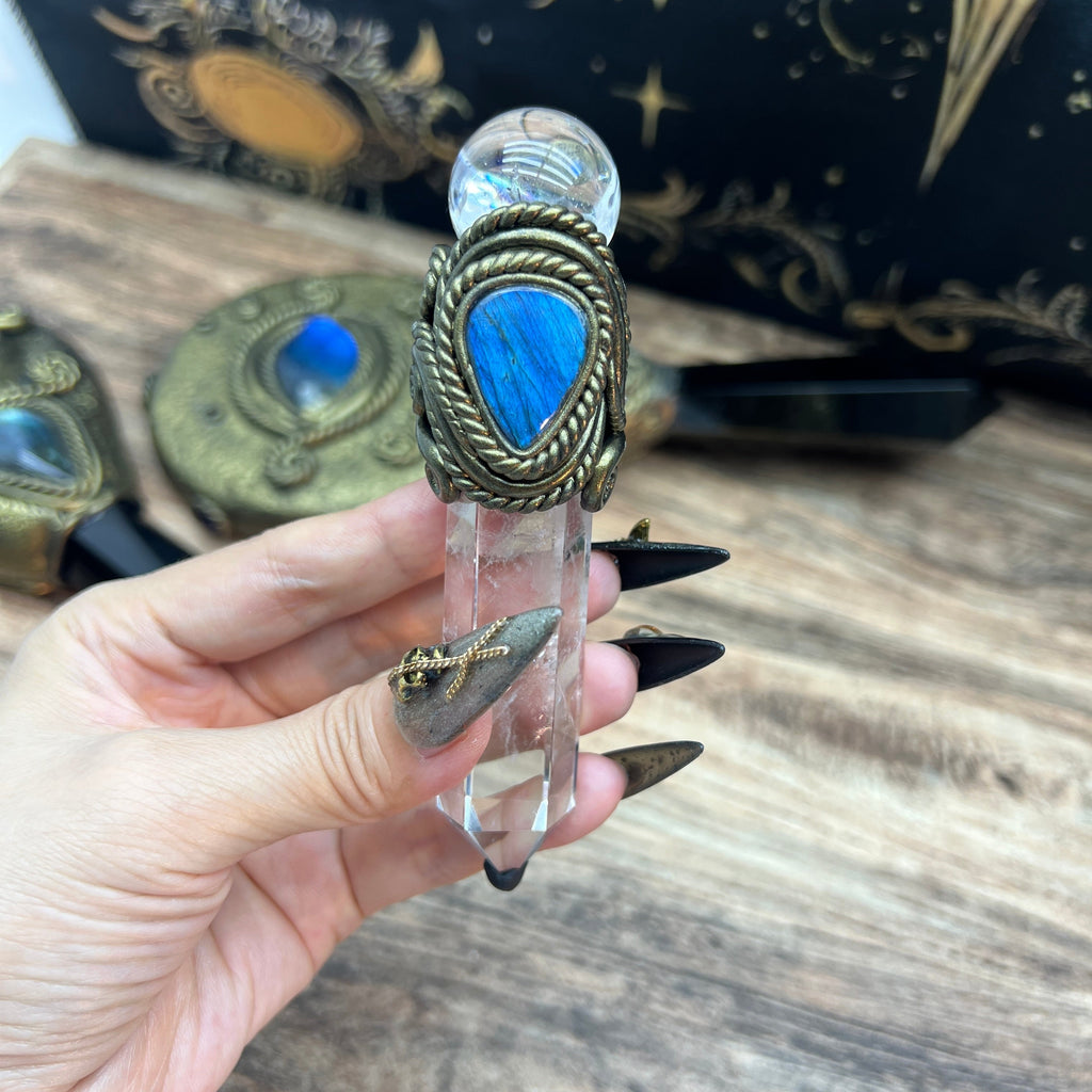 Handmade crystal jewelry Healing Crystal Wand / Protection Amulet Pendant Necklace Clear quartz tower paired with clear quartz spheres and labradorite