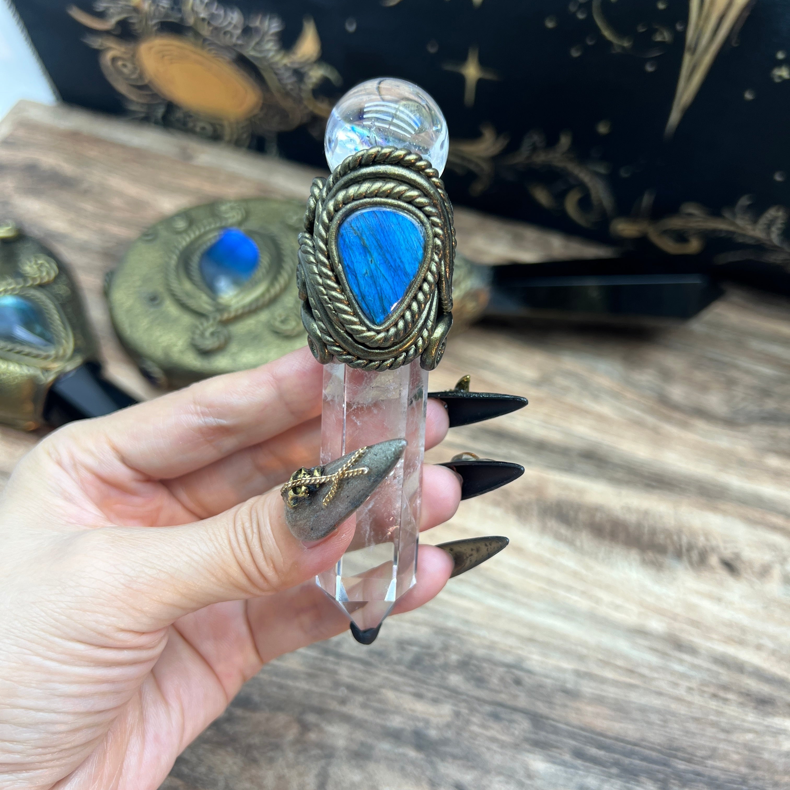 Handmade crystal jewelry Healing Crystal Wand / Protection Amulet Pendant Necklace Clear quartz tower paired with clear quartz spheres and labradorite