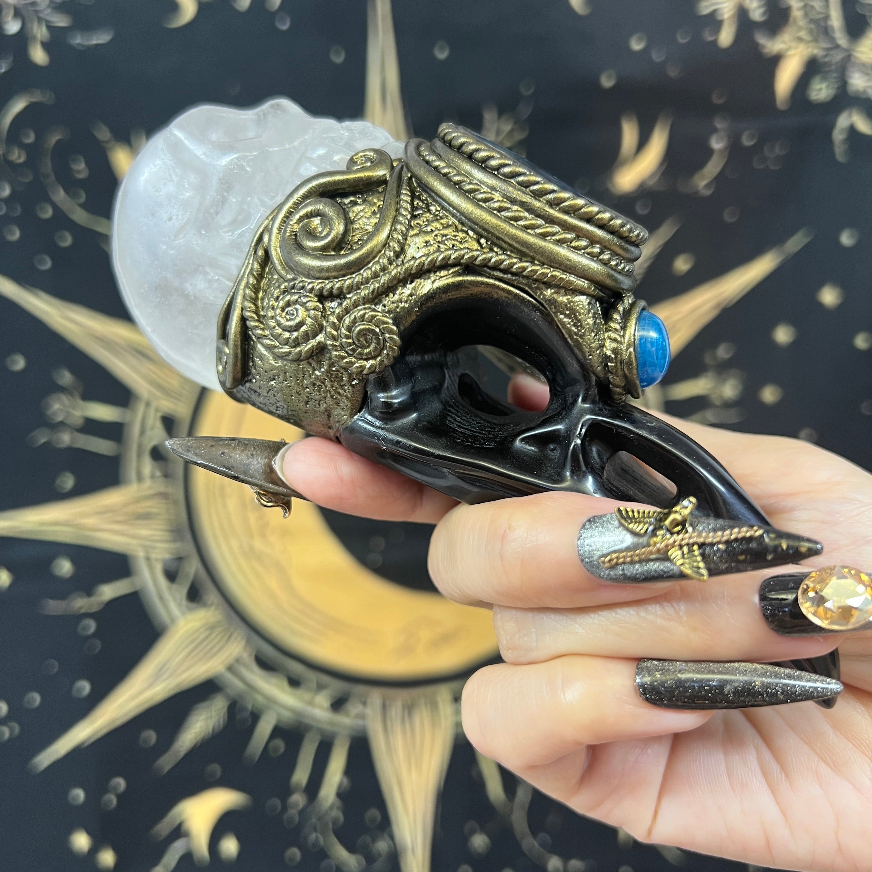 The Shadow Worker - Labradorite,Blue apatite , Carved Black Obsidian RavenSkull & Carved Clear quartz Skull Crystal AltarPiece