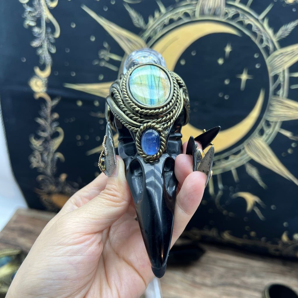The Shadow Worker - Labradorite,moonstone , Carved Black Obsidian RavenSkull &Rainbow Clear quartz sphere Crystal AltarPiece