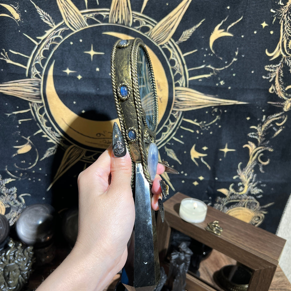 Handmade Natural Labradorite Scrying Mirror Wand/Magic Obsidian Witch Wand/Crystal Quartz Wand/Manifest Altar Tool