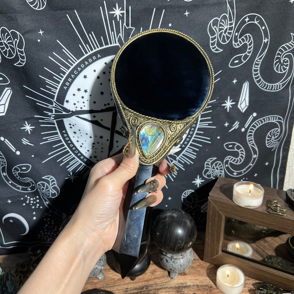 Handmade Natural Black Obsidian Scrying Mirror Wand/Magic Obsidian Witch Wand/Crystal Quartz Wand/Manifest Altar Tool