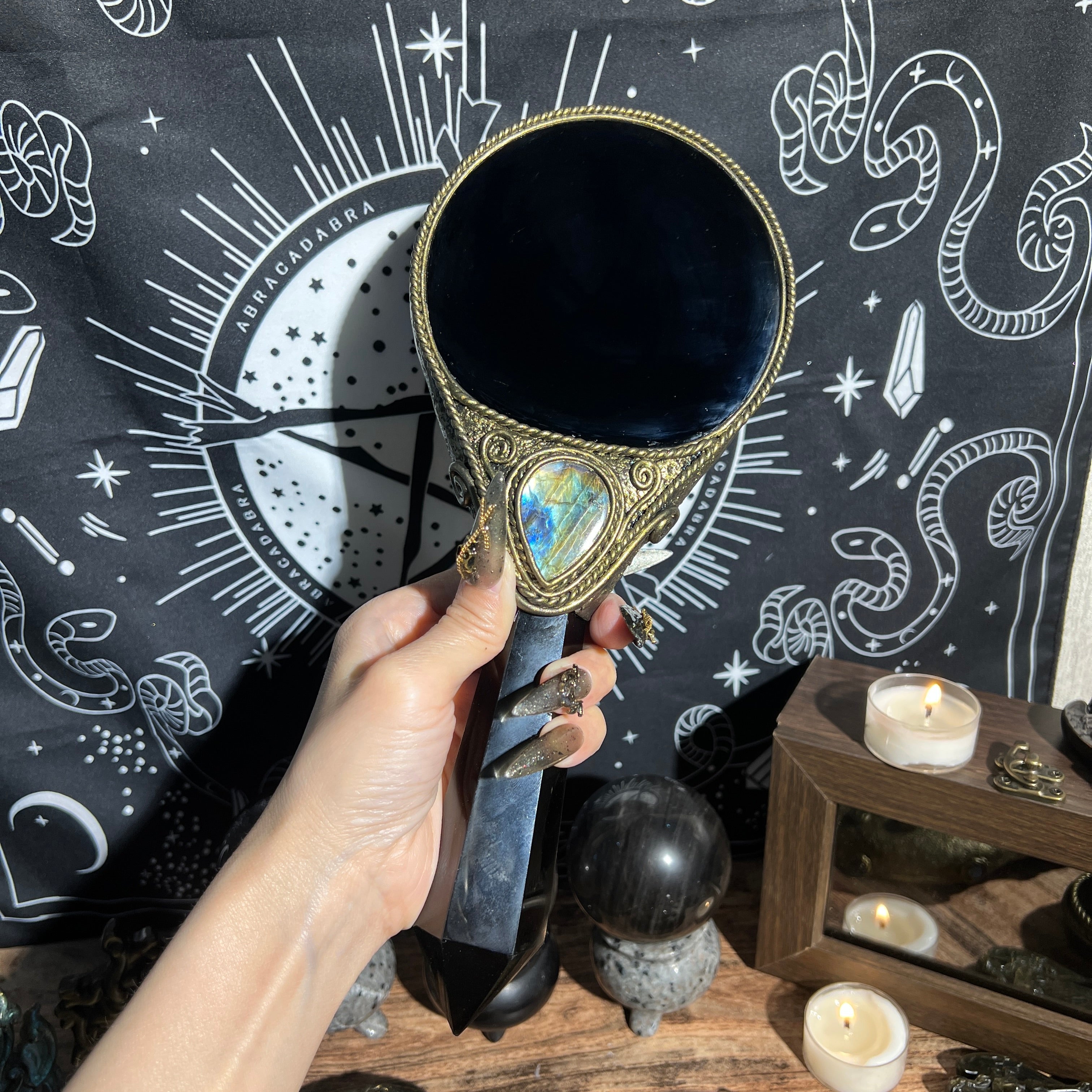 Handmade Natural Black Obsidian Scrying Mirror Wand/Magic Obsidian Witch Wand/Crystal Quartz Wand/Manifest Altar Tool