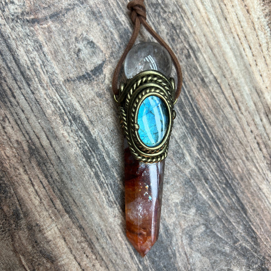 Handmade crystal jewelry Healing Crystal Wand / Protection Amulet Pendant Necklace Fire quartz tower paired with clear quartz spheres and labradorite