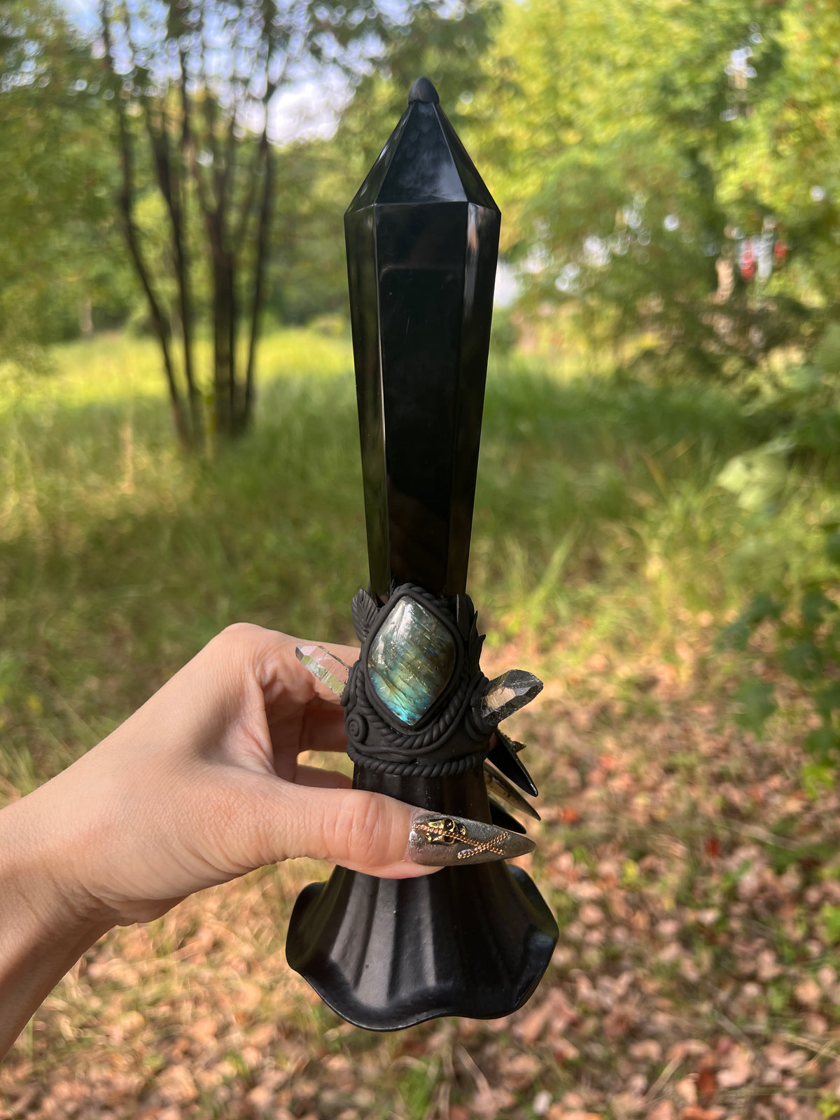 Crystal Altar Bell, Witch Hand Bell, Black obsidian Wand Bell, Pagan Ritual Bell, Gothic Crystal Handbell, Handcrafted Witchy Altar Decor