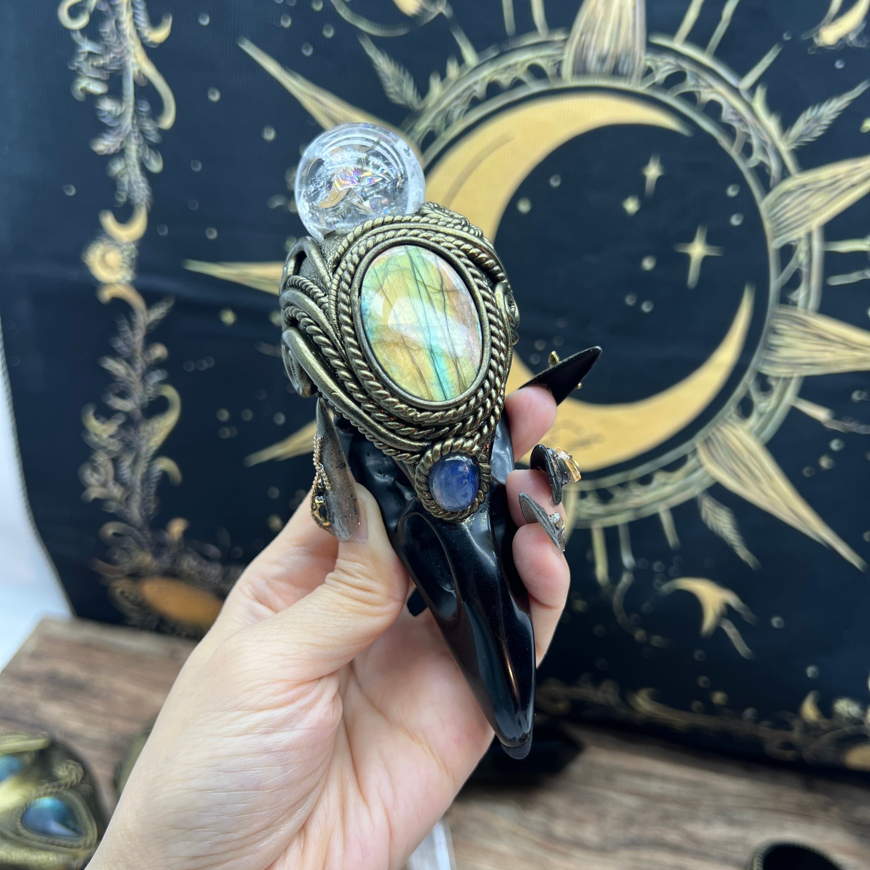 The Shadow Worker - Labradorite,moonstone , Carved Black Obsidian RavenSkull &Rainbow Clear quartz sphere Crystal AltarPiece