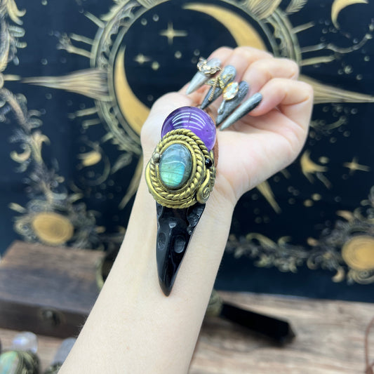 Handmade crystal jewelry~Healing Crystal Wand / Protection Amulet Pendant Necklace Labradorite,amethyst sphere , Carved Black Obsidian RavenSkull