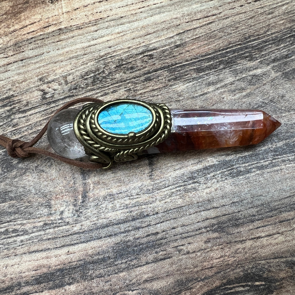 Handmade crystal jewelry Healing Crystal Wand / Protection Amulet Pendant Necklace Fire quartz tower paired with clear quartz spheres and labradorite